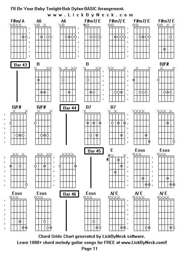 Chord Grids Chart of chord melody fingerstyle guitar song-I'll Be Your Baby Tonight-Bob Dylan-BASIC Arrangement,generated by LickByNeck software.